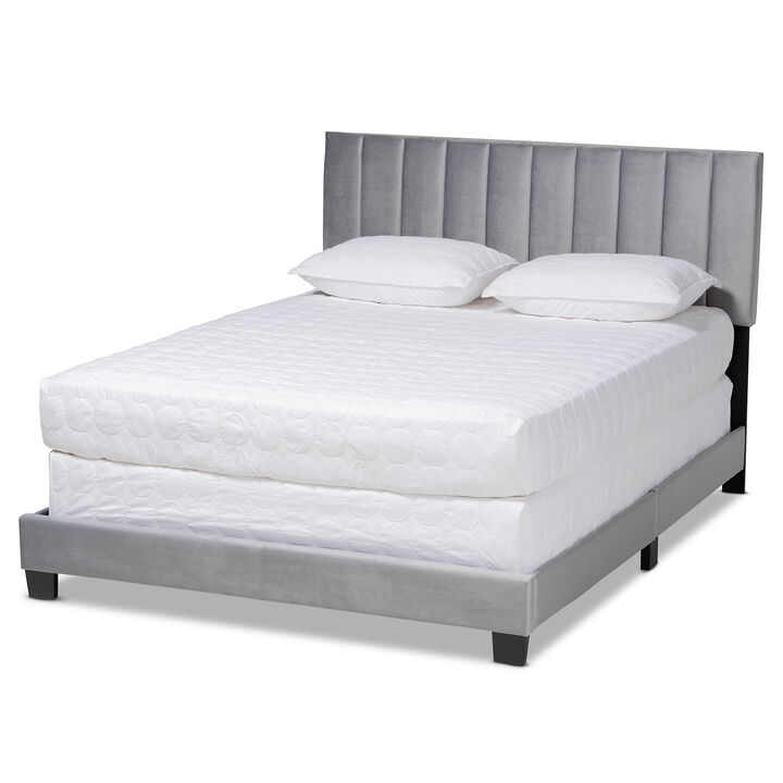 Baxton Studio Clare Velvet Upholstered Queen Size Panel Bed with Channel Tufted Headboard