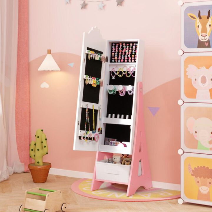 Hivvago Kids Jewelry Cabinet with Full-Length Mirror and Foldable Drawer