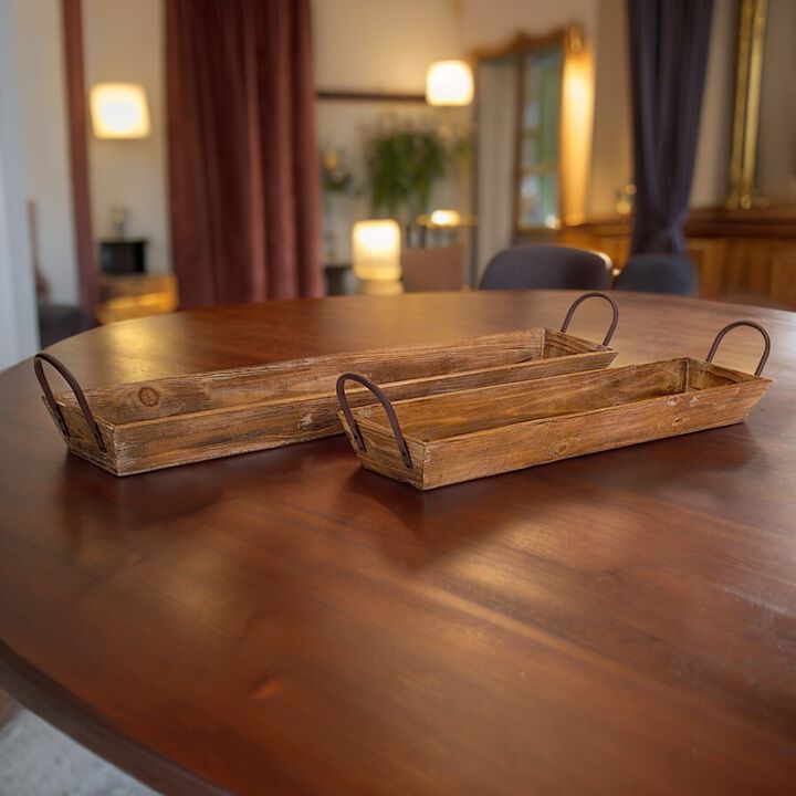 Set of 2 Wooden Trays with Handles for Serving and Storage