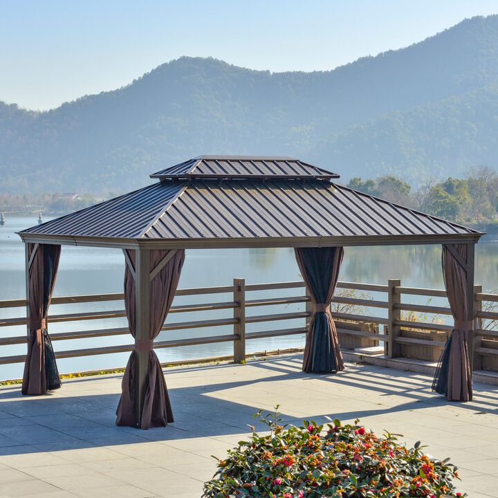 Brown Garden Pavilion: 16'x12' Hardtop Gazebo with Netting & Curtains