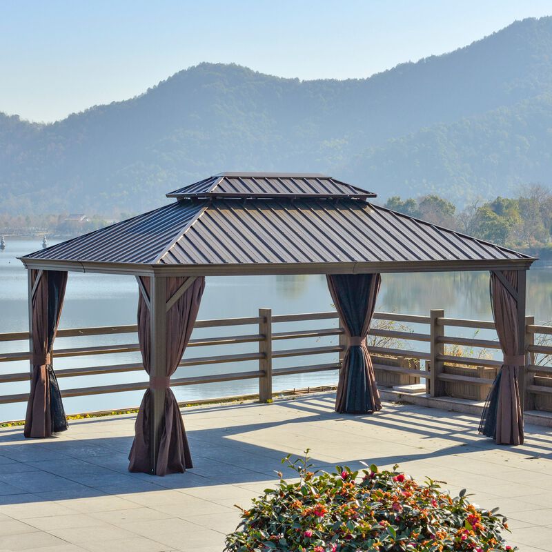Brown Garden Pavilion: 16'x12' Hardtop Gazebo with Netting & Curtains