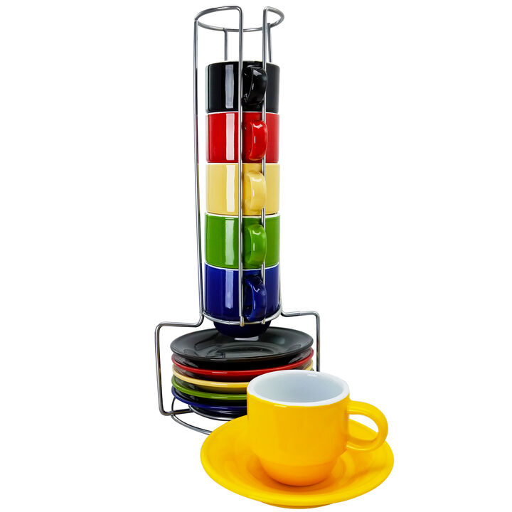 Gibson Sensations 13 Piece Stackable Non-Toxic Ceramic Small Espresso Cup Set with Saucers and Metal Wire Rack in Assorted Colors Gibson Sensations 13 Piece Stackable Non-Toxic Ceramic Small Espresso Cup Set with Saucers and Metal Wire Rack in Assorted Colors