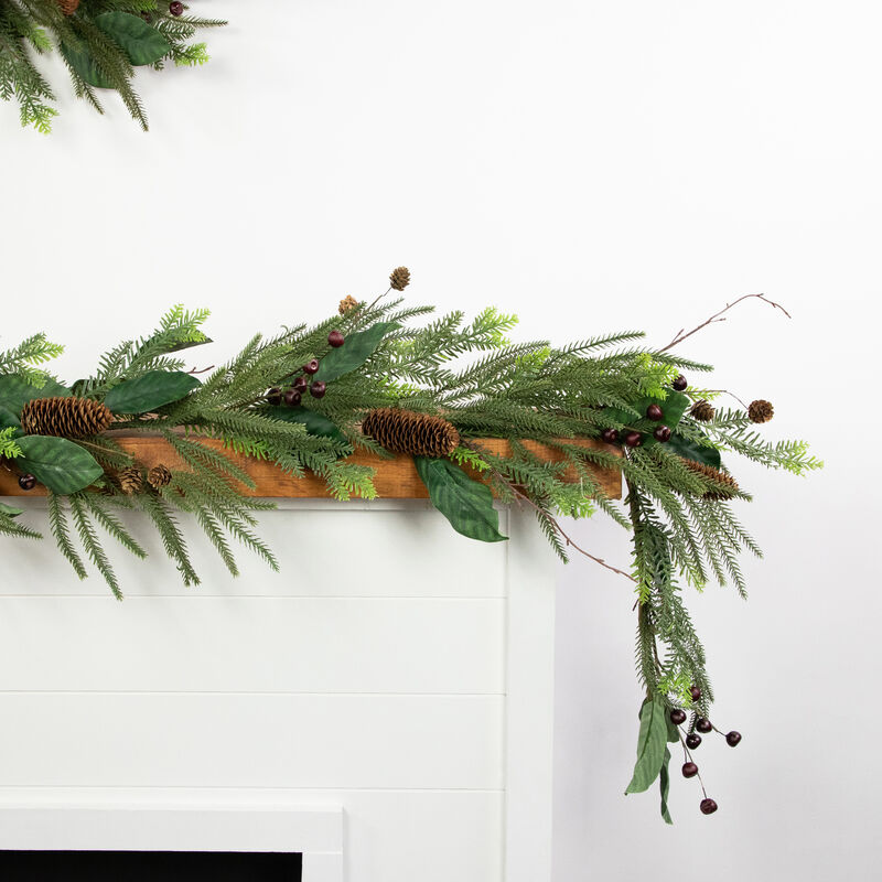 6' Mixed Foliage with Pine Cones and Berries Christmas Garland  Unlit