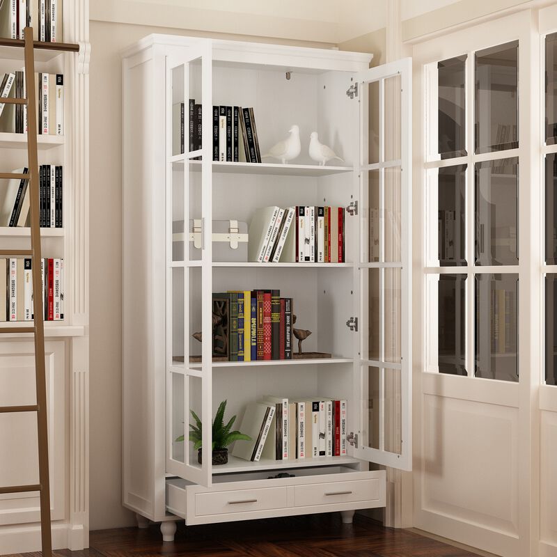 70.9"H Modern White Bookcase With Adjustable Shelves And Glass Doors