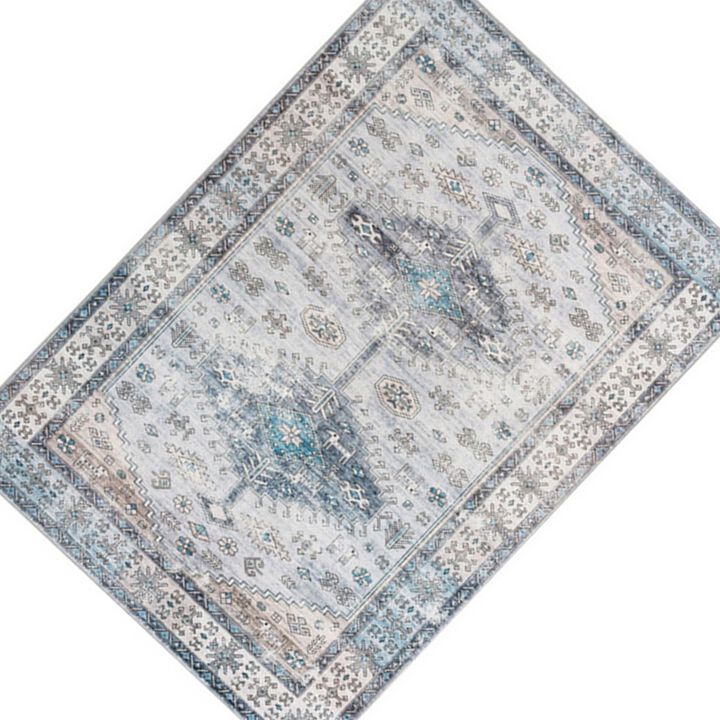 Nyx 10 x 8 Large Soft Fabric Floor Area Rug, Vintage Blue Border Design - Benzara