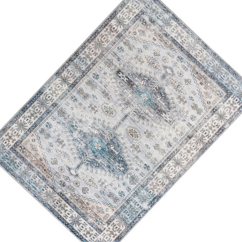Nyx 10 x 8 Large Soft Fabric Floor Area Rug, Vintage Blue Border Design - Benzara