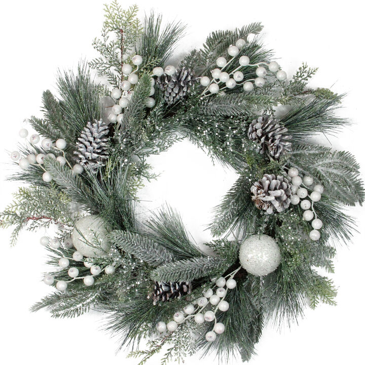 Frosted Mixed Pine and Pine Cone Artificial Christmas Wreath  24-inch  Unlit