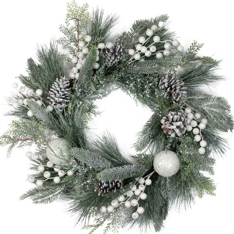Frosted Mixed Pine and Pine Cone Artificial Christmas Wreath  24-inch  Unlit