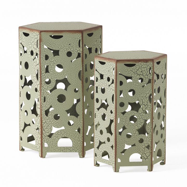 Silva Accent Table Set of 2, Hexagonal Top, Cut Pattern, Green Iron - Benzara