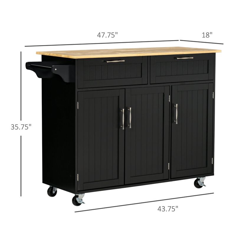 Black Mobile Kitchen: Island with Drawers and Cabinet Storage
