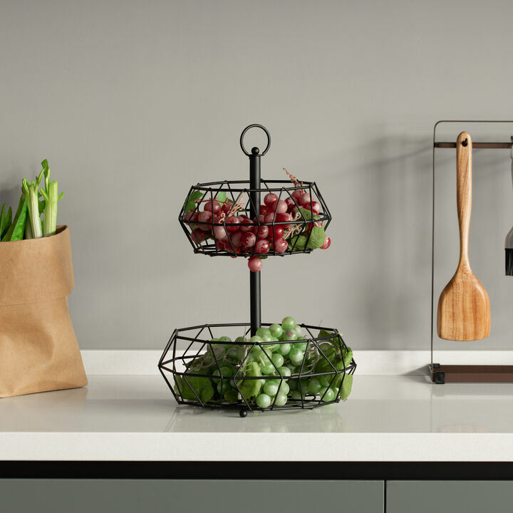 2 Tier Free Standing Countertop Fruit Basket for Kitchen | Detachable Carbon Steel Stable Fruit Storage Organizer for Breads, Snacks, and Vegetable, Black