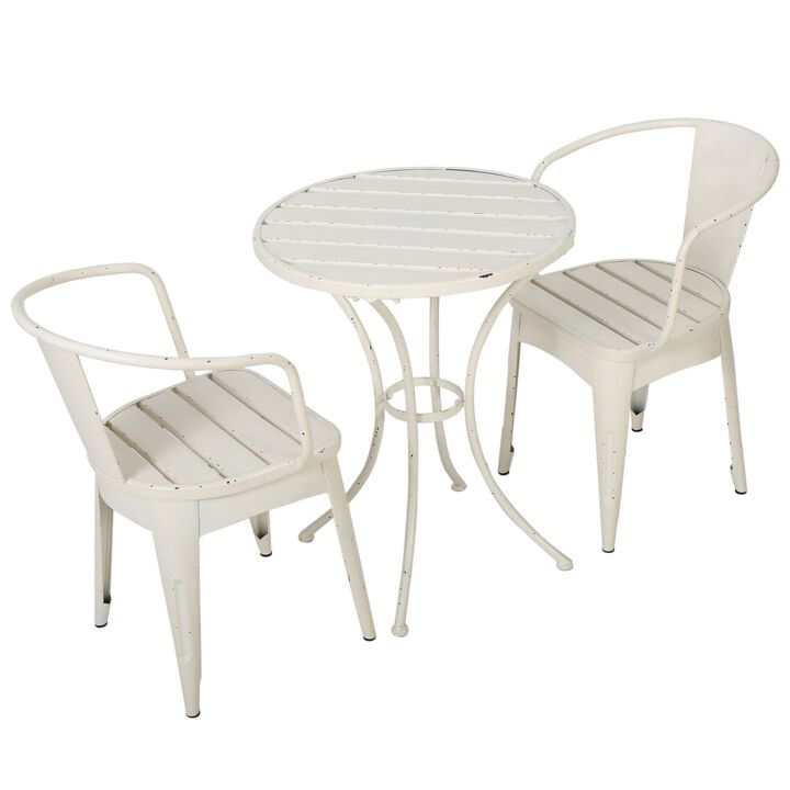 Rune 3 Piece Outdoor Dining Set, 1 Round Table, 2 Chairs, White Iron - Benzara