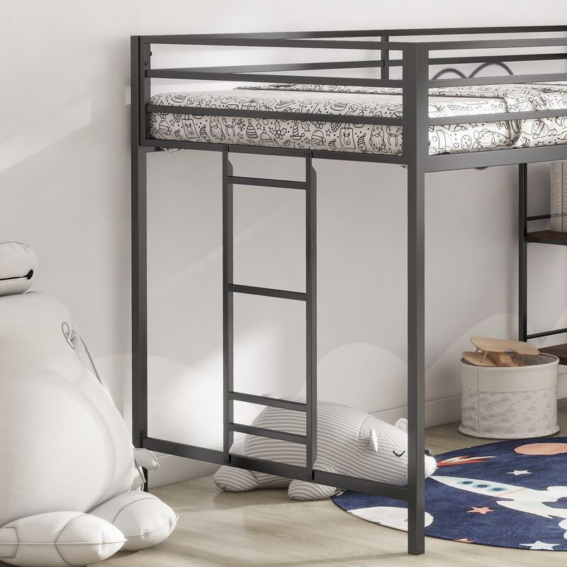 Junior Twin Loft Metal Bunk Bed Frame with Cinnamon Wood Shelf, Full-Length Guardrails, Anti-Noise Design, Easy Assembly, Black