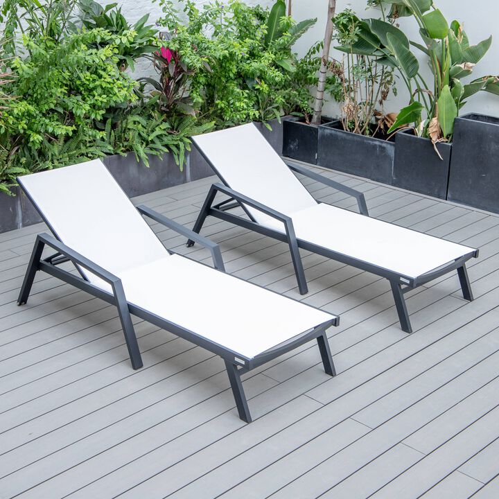 LeisureMod Marlin Patio Chaise Lounge Chairs with Armrests – Set of 2, Black Aluminum Frame & Dark Grey Cushion for Outdoor Relaxation