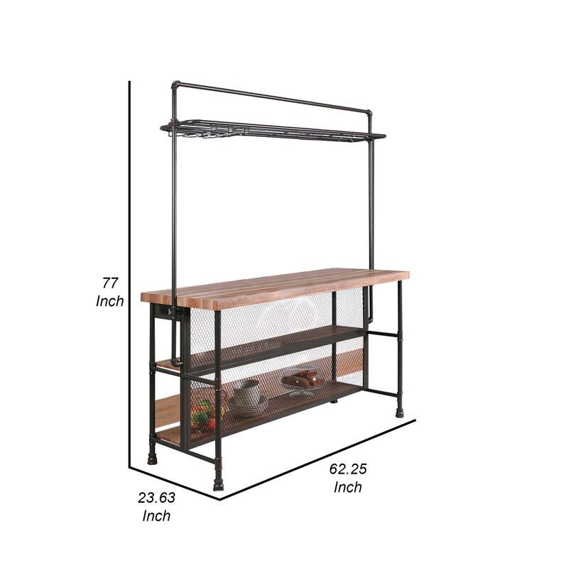 59 Inch Bar Table with Hanging Rack, Sand Black Metal, Natural Brown Wood - Benzara