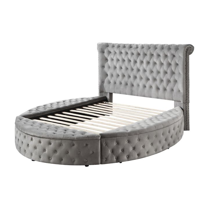 Modern Wood King Size Bed, Button Tufted, Bedside Bench with Storage, Gray - Benzara
