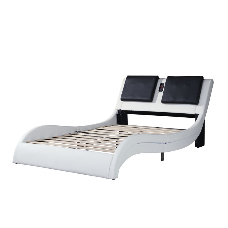 PU Leather Upholstered Platform Bed Frame With LED Lighting, Tooth Connection