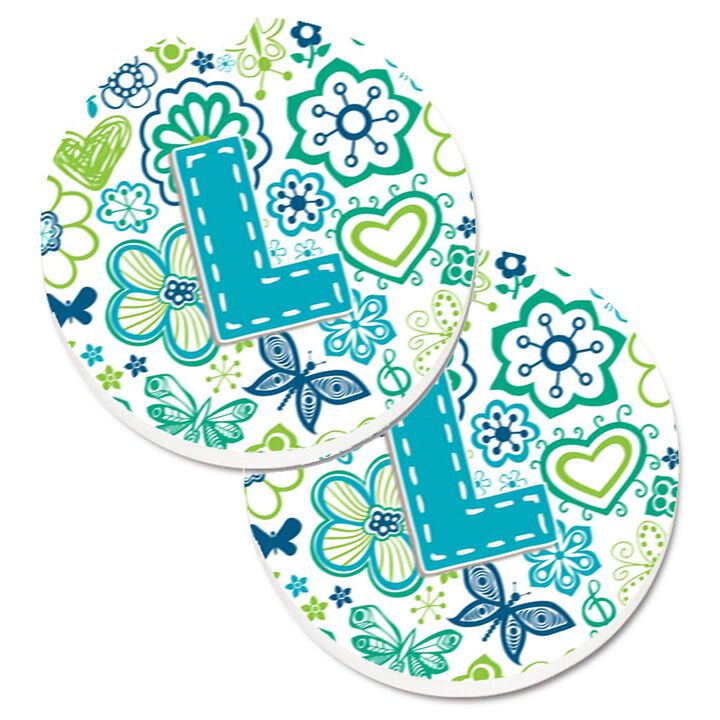 Caroline's Treasures Letter L Flowers & Butterflies Teal Blue Set of 2 Cup Holder Car Coasters CJ2006-LCARC, 2.56, Multicolor