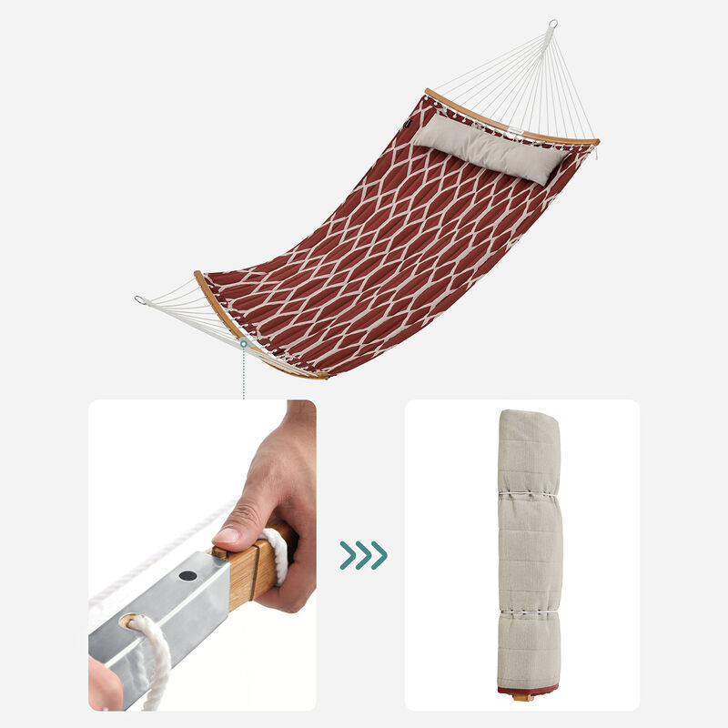 Comfortable Quilted Hammock with Curved Bamboo Spreaders & Pillow - Portable Design