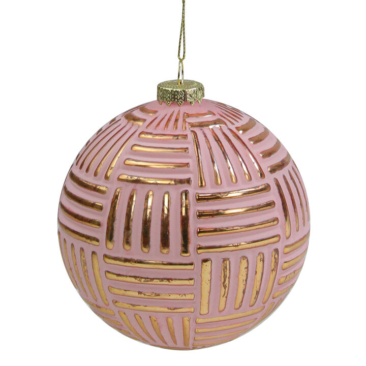 Pink and Gold Striped Matte Glass Christmas Ball Ornament 4" (100mm)