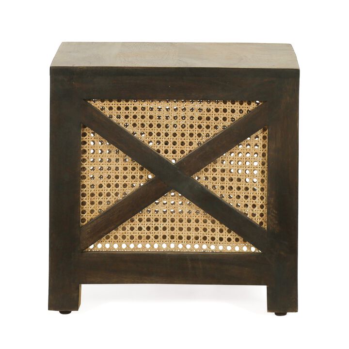 Accent Ottoman Table, 16 Inch Square, Boho Style, Cane Wicker - Benzara