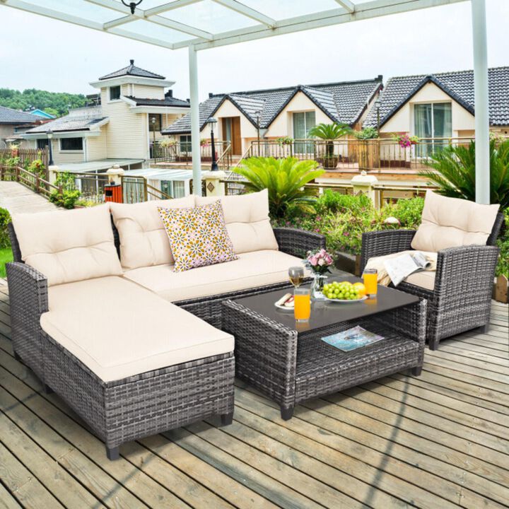 Hivvago 4 Pieces Patio Rattan Furniture Set with Cushion and Table Shelf