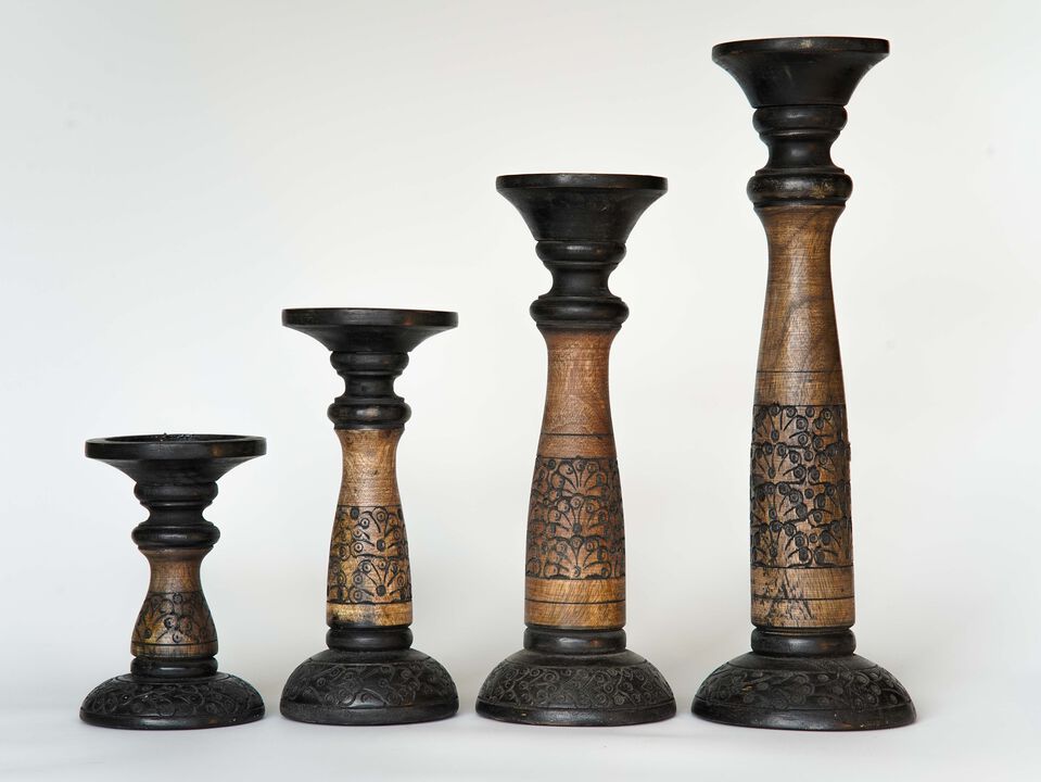 Traditional Black Wash Eco-friendly Handmade Mango Wood Set Of Four 6",9",12" & 15" Pillar Candle Holder