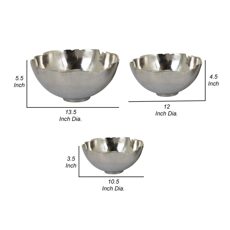 Bonz Set of 3 Bowls, Unique Top Shape, Round Base, Silver Metal Finish - Benzara