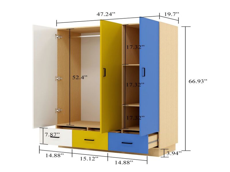 Tall Armoire Wardrobe Closet, Bedroom Armoires with Hanging Rod,3 Color Doors and 3 Storage Cabinets, Wardrobe Closet with 3 Drawers for Bedroom