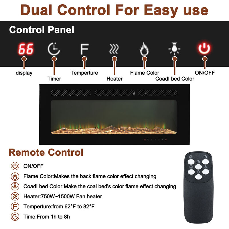 MONDAWE 42" Recessed Wall-Mounted Electric Fireplace 5000 BTU Heater with Remote Control
