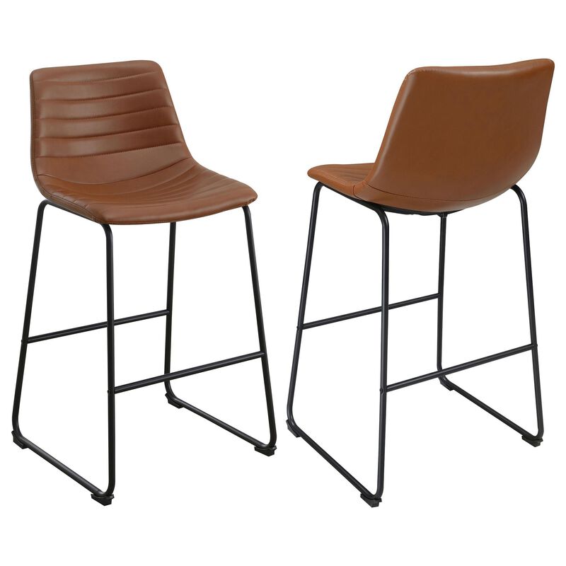 Zuno Counter Height Chair Set of 2, Brown Faux Leather, Black 26 Inch - Benzara