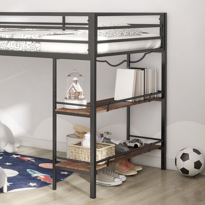 Junior Twin Loft Metal Bunk Bed Frame with Cinnamon Wood Shelf, Full-Length Guardrails, Anti-Noise Design, Easy Assembly, Black