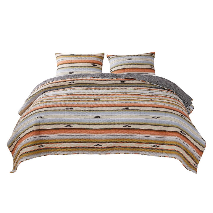 3 Piece Microfiber King Size Quilt Set with Chevron Print, Multicolor - Benzara