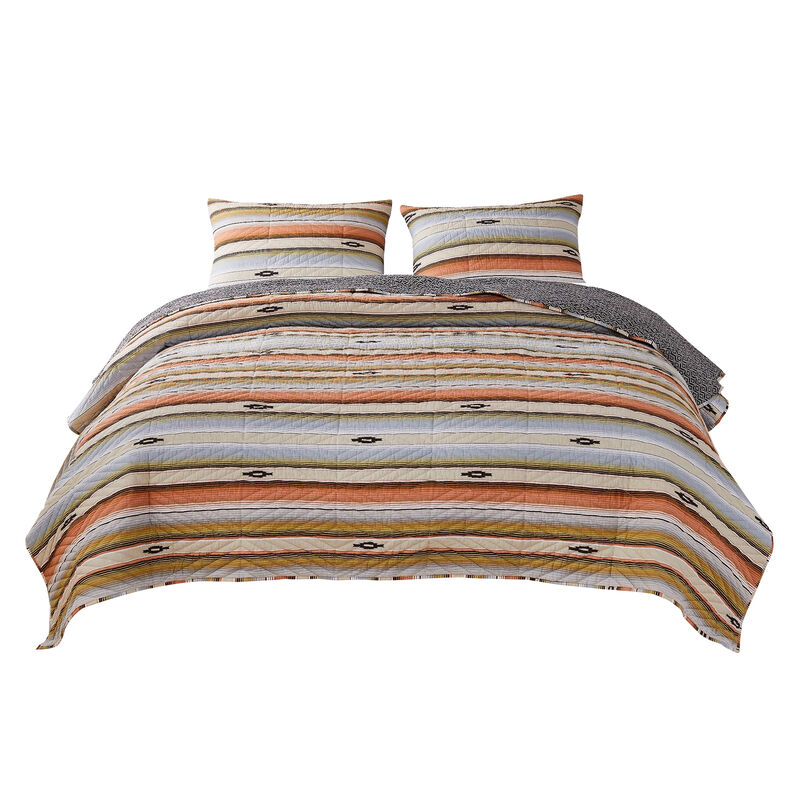 3 Piece Microfiber King Size Quilt Set with Chevron Print, Multicolor - Benzara