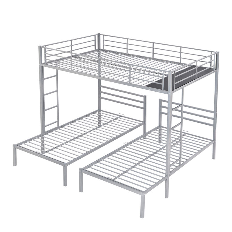 Full Over Twin&Twin Size Bunk Bed With Built-In Shelf, Silver