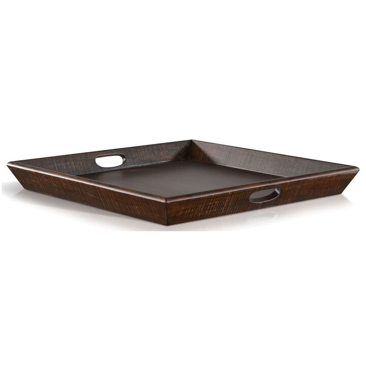 Flint Decorative Serving Tray, 27x27 Square Dark Rustic Oak Brown - Benzara