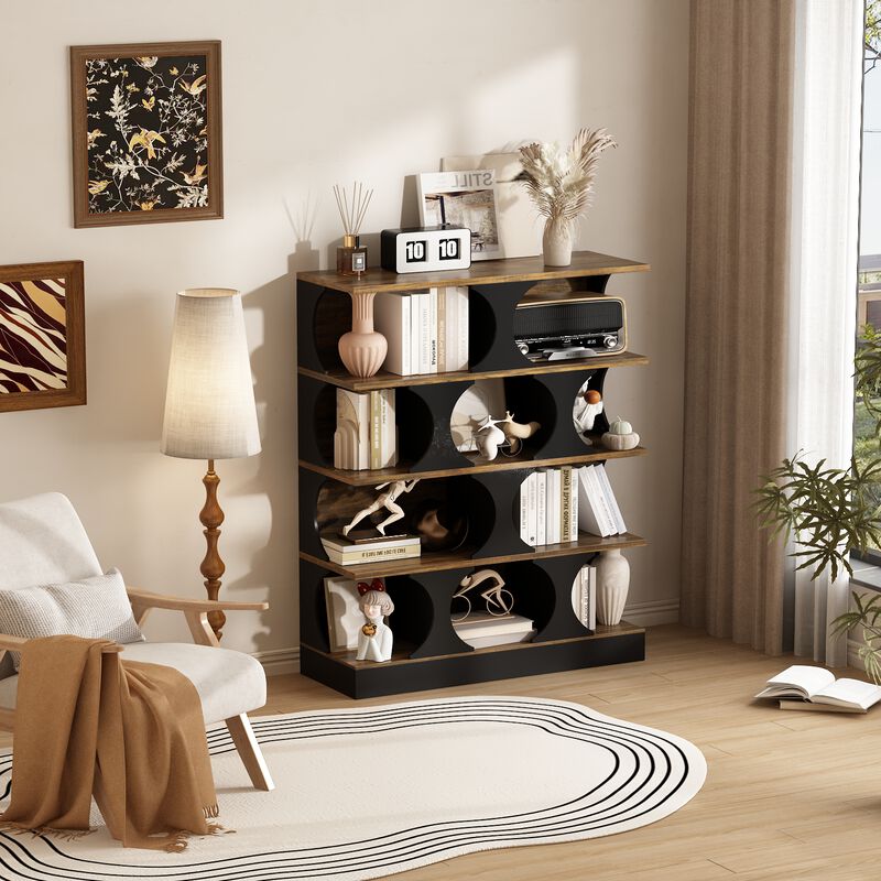 FUFU&GAGA 4-Tier Curved Bookcase - Vintage Walnut Texture, Black Matte Finish, Space-Saving Arched Shelf for Living Room, Office & Bedroom, (43.3" W x 15.7" D x 60" H), Vintage Walnut