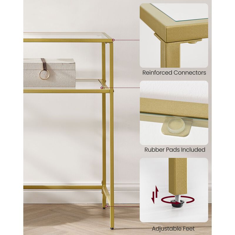 Modern Console Table with Tempered Glass & Metal Frame - Gold, 2 Shelves