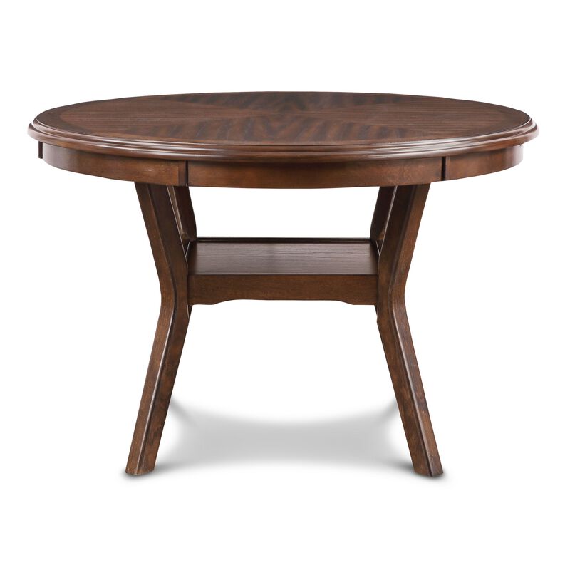 Aine 5 Piece Round Dining Table, Chair Set, Cherry Brown Wood, Fabric Seat - Benzara
