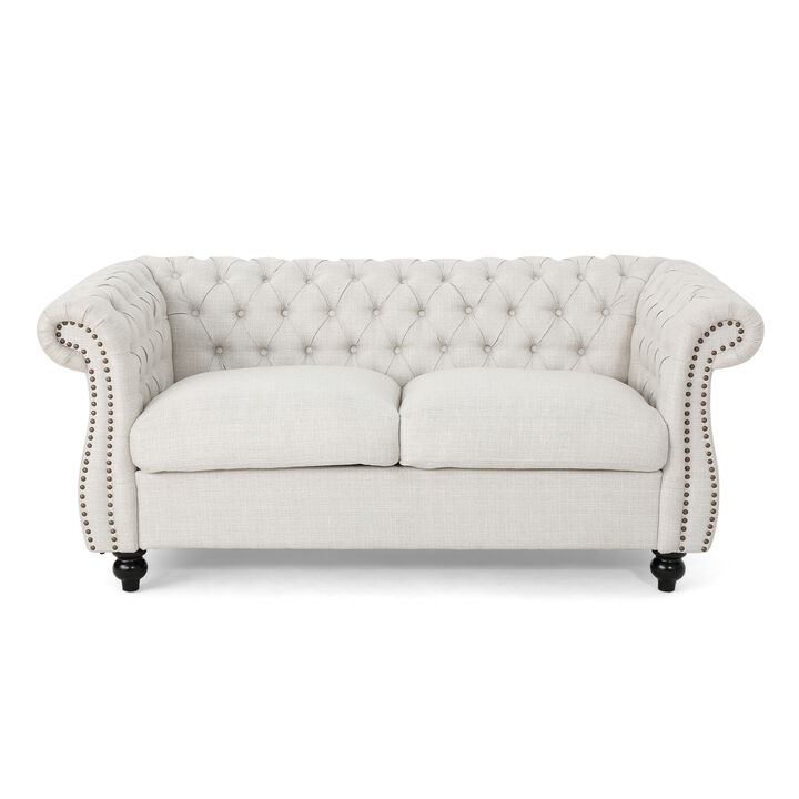 Bernie Loveseat 62 Inch Sofa, Nailhead Trim, Solid Wood Beige Tufted Fabric - Benzara