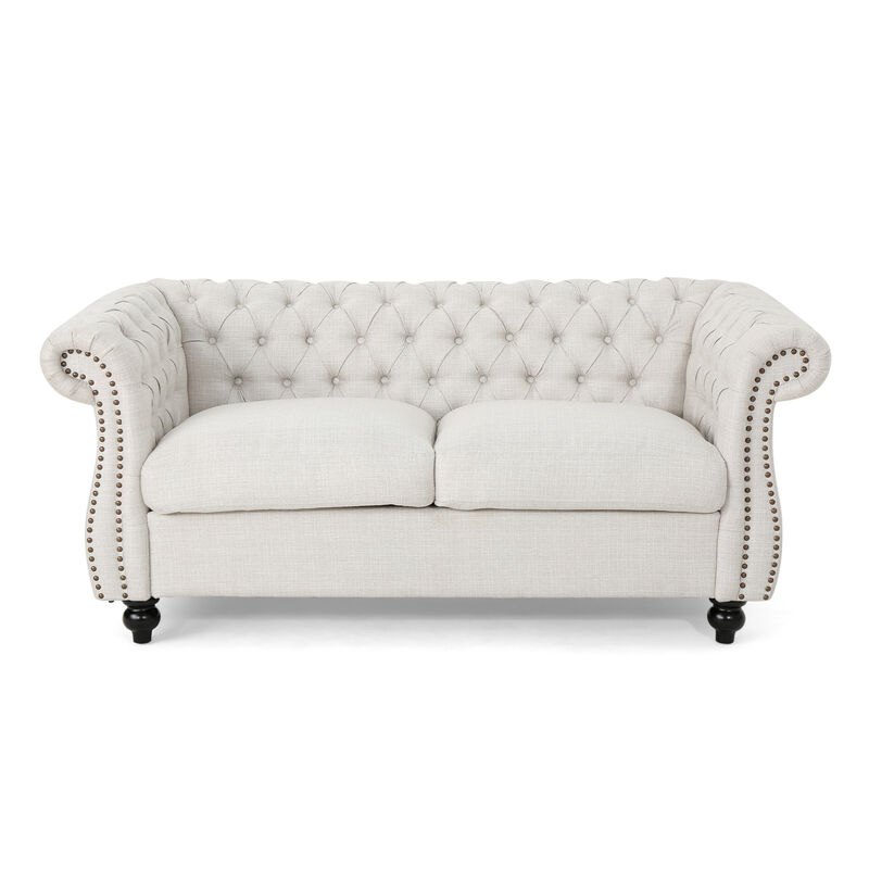 Bernie Loveseat 62 Inch Sofa, Nailhead Trim, Solid Wood Beige Tufted Fabric - Benzara