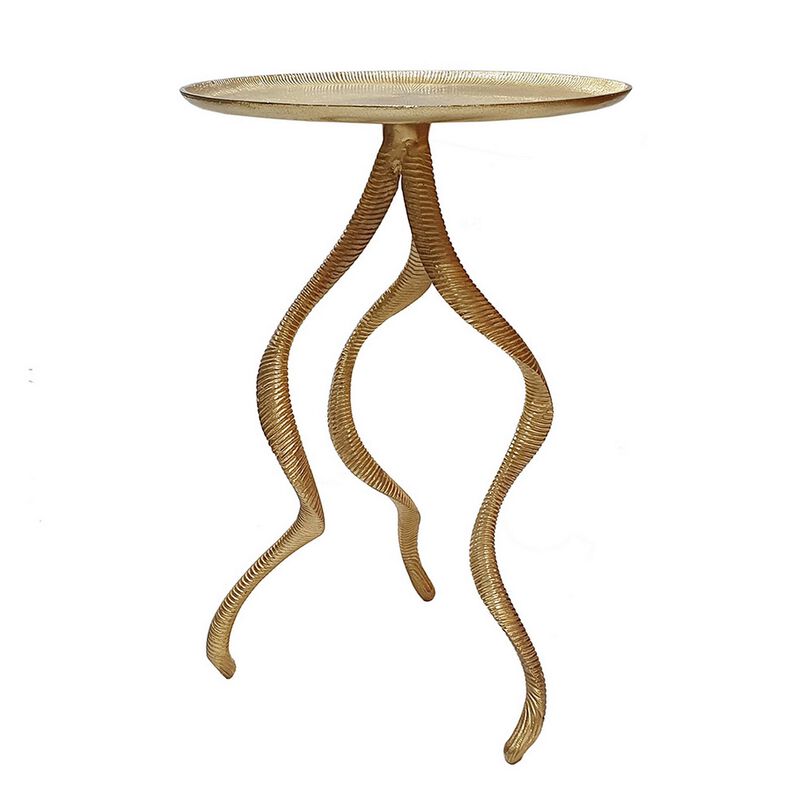 24 Inch Accent Side Table, Antler Base Design, Ribbed Top, Aluminium, Gold - Benzara