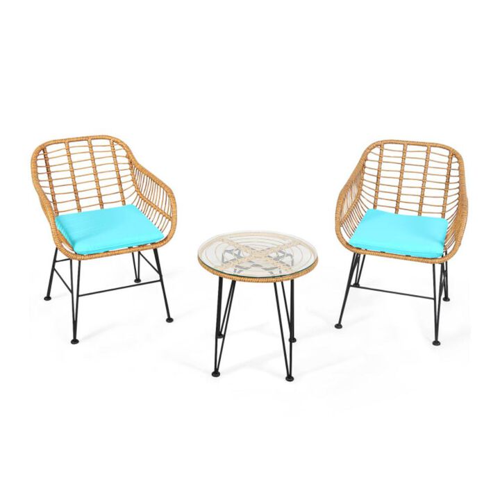 Hivvago 3 Pieces Rattan Furniture Set with Cushioned Chair Table