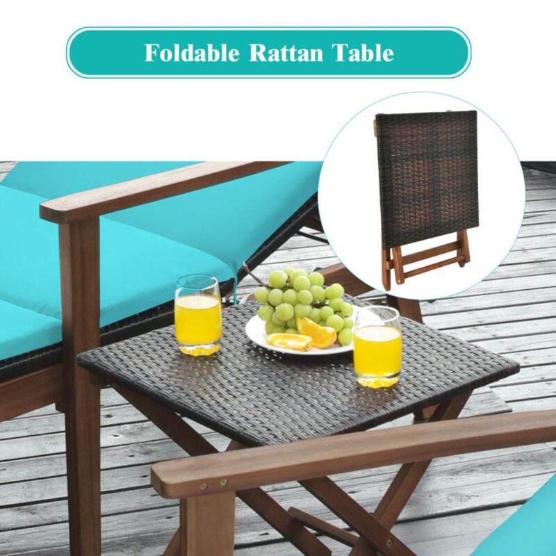 Hivvago 3 Pieces Portable Patio Cushioned Rattan Lounge Chair Set with Folding Table