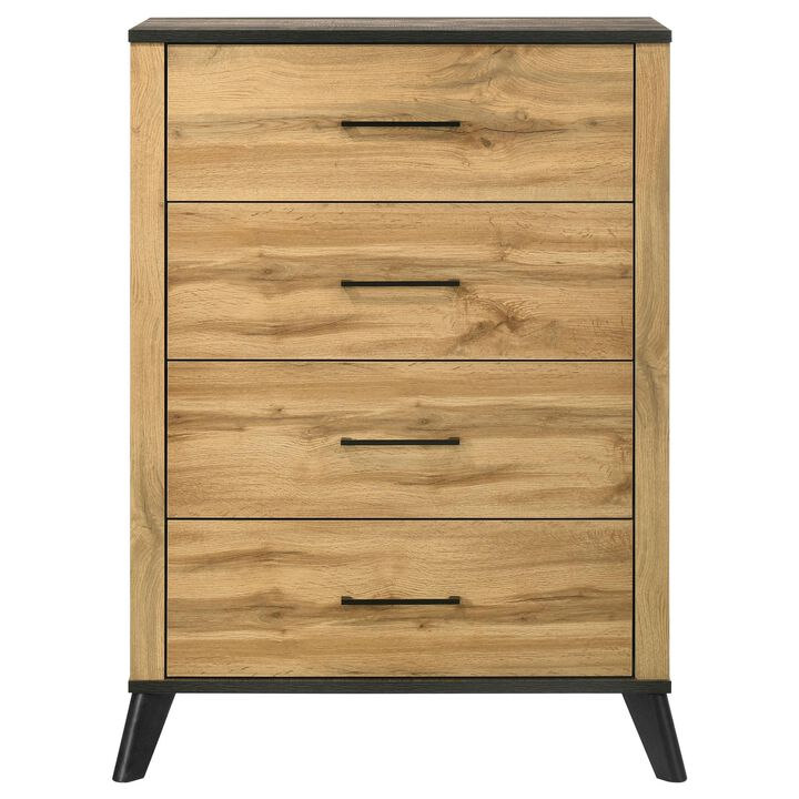 Wemy Tall Dresser Chest, 4 Drawers, Weathered Dark Brown Pine Wood - Benzara
