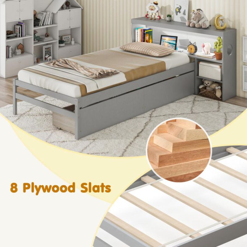 Hivvago Twin Size Bed Frame with LED Light and Bookcase Headboard