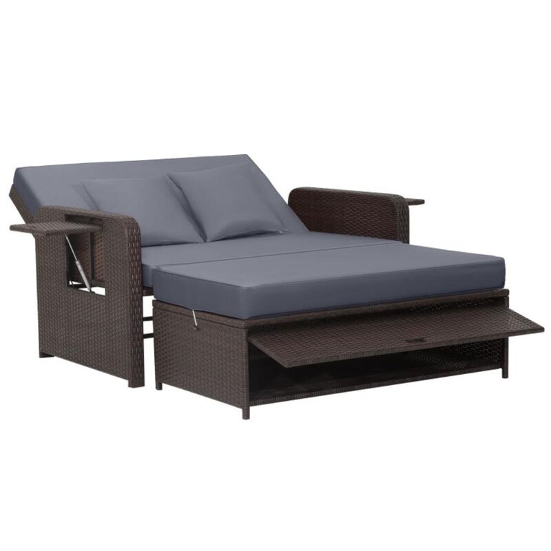 Hivvago Patio Rattan Daybed with 4-Level Adjustable Backrest and Retractable Side Tray