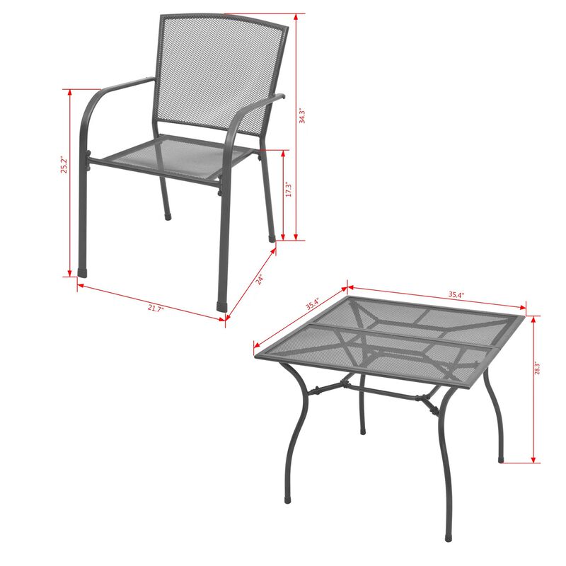 5pc Outdoor Dining Table Set, 4 Stackable Armchairs, Gray Steel Metal - Benzara