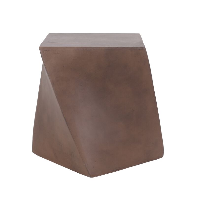 Outdoor Side End Table, Twisted Cube Shape Brown Faux Concrete 21 Inch - Benzara
