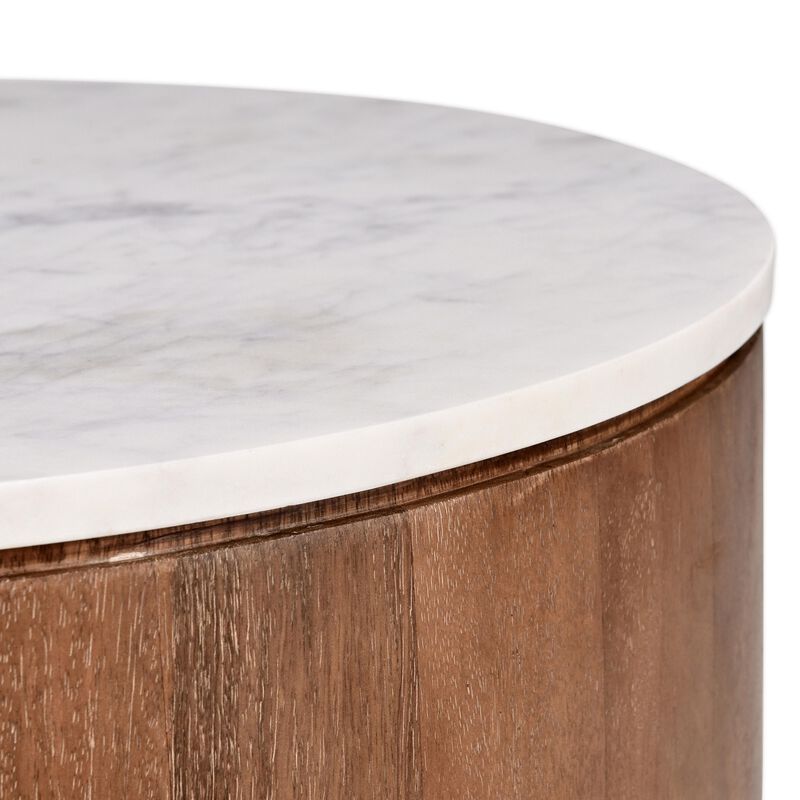 Yari Round Side End Table, White Marble Top, Brown Mango Wood 22 Inch - Benzara